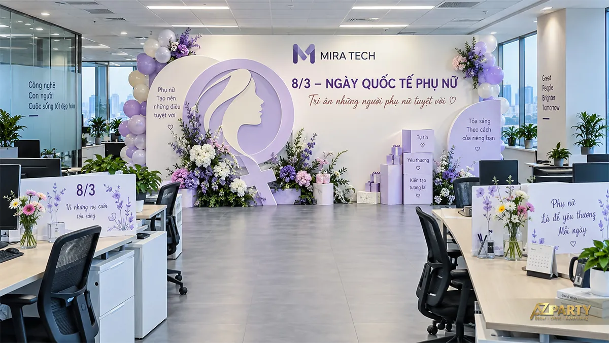 Backdrop tím trắng cuối khu làm việc, bàn nhân viên có hoa và bảng chúc mừng