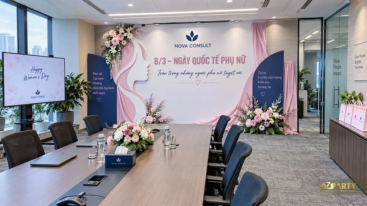 Phông chụp ảnh trắng hồng xanh sau bàn họp với hình phụ nữ và cụm hoa