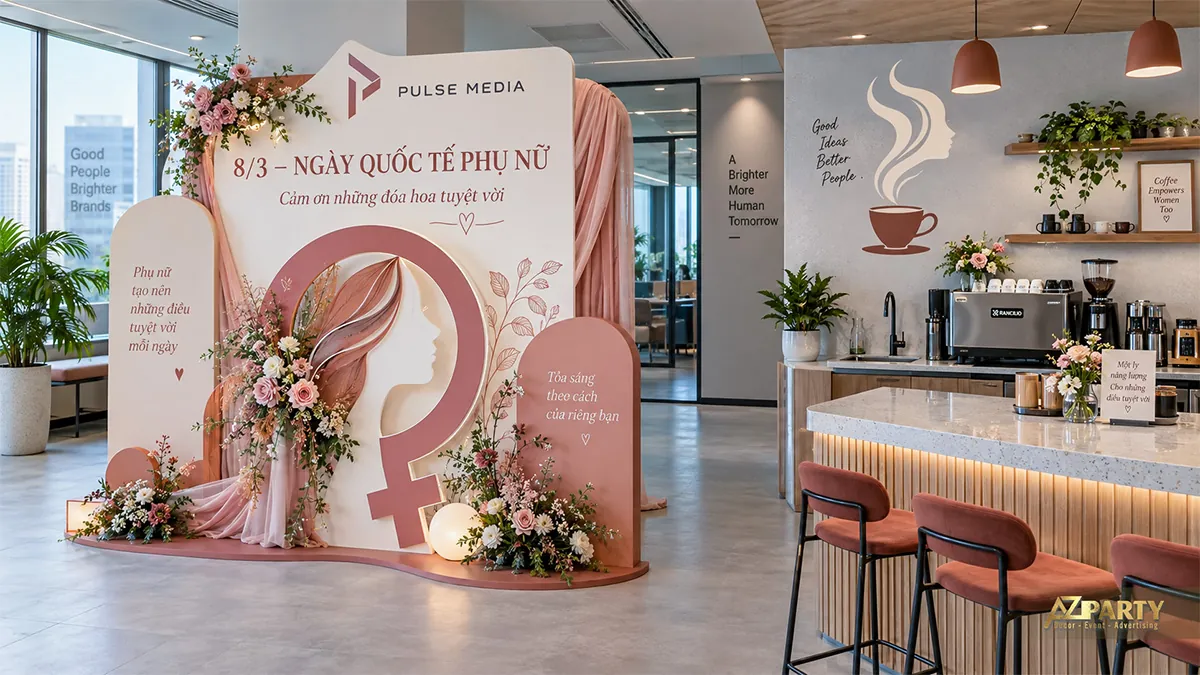 Góc check-in cạnh quầy cà phê văn phòng với biểu tượng nữ và hoa màu hồng cam