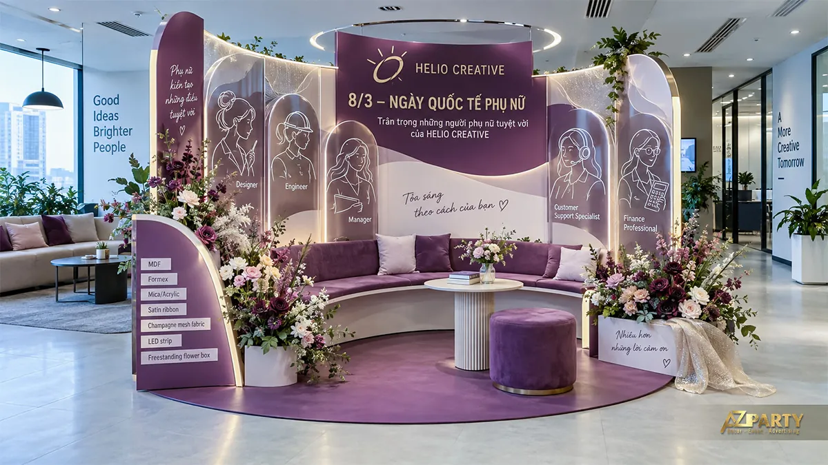 Góc tiếp khách màu tím với sofa cong, bàn tròn và các bảng hình nữ nhân viên
