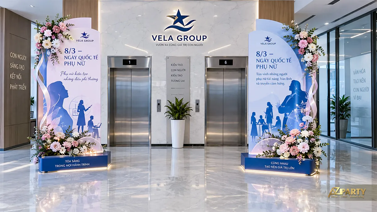 Hai bảng trang trí xanh trắng và hoa hồng đặt hai bên cửa thang máy