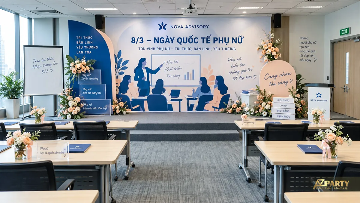 Phòng đào tạo trang trí nền xanh trắng với hình nữ thuyết trình và hoa trên bàn