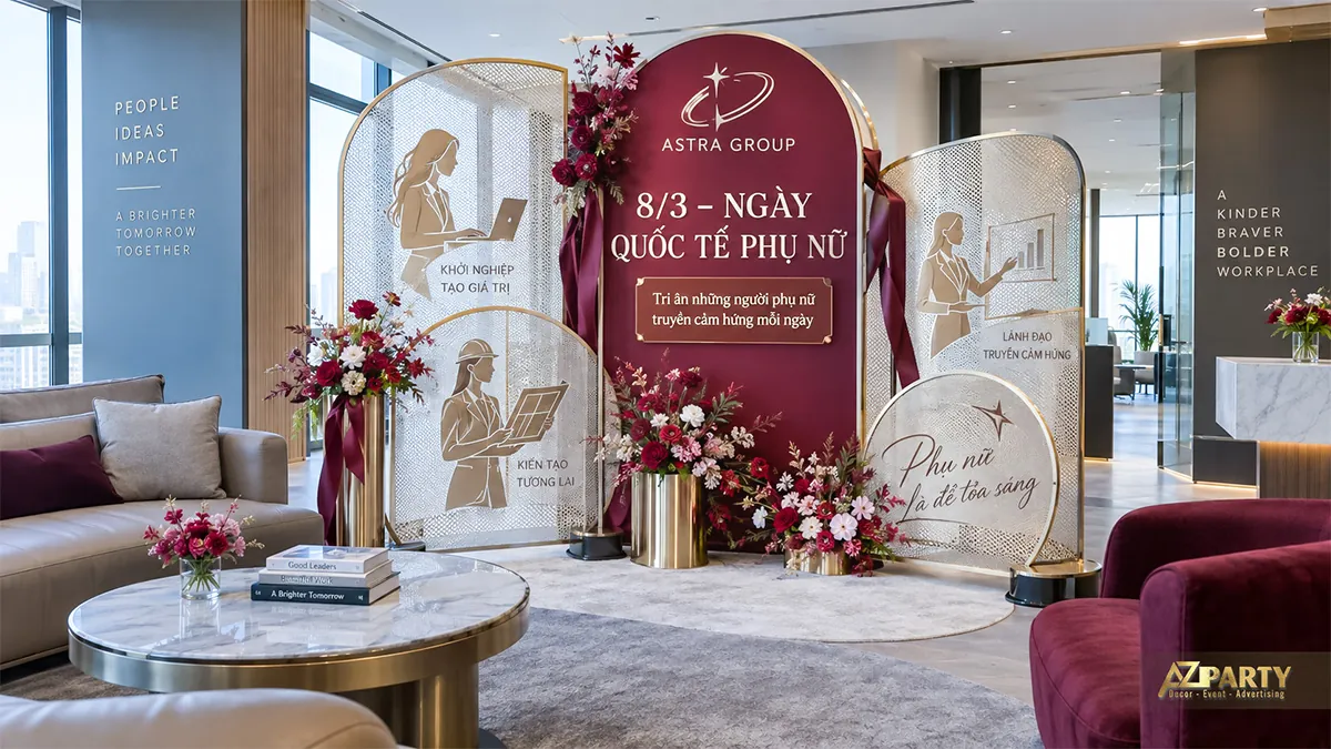 Góc chụp ảnh đỏ rượu vang cạnh sofa với khung lưới vàng và hình phụ nữ đi làm