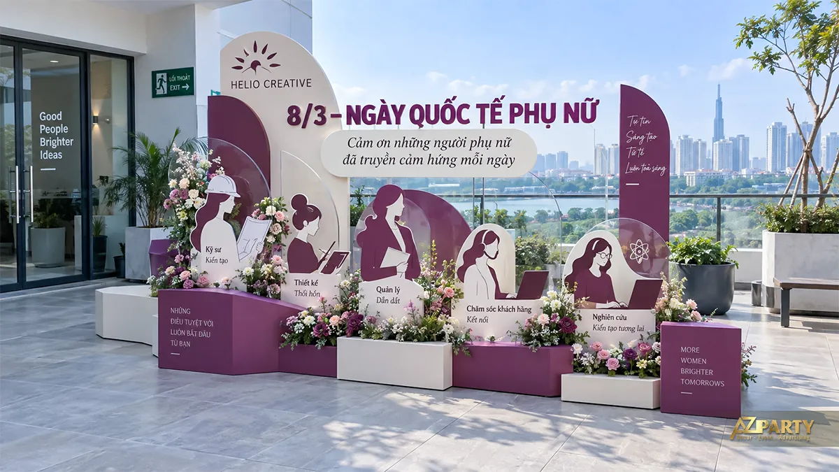 Tiểu cảnh tím trắng trên sân hiên văn phòng với hình phụ nữ trong các nghề nghiệp