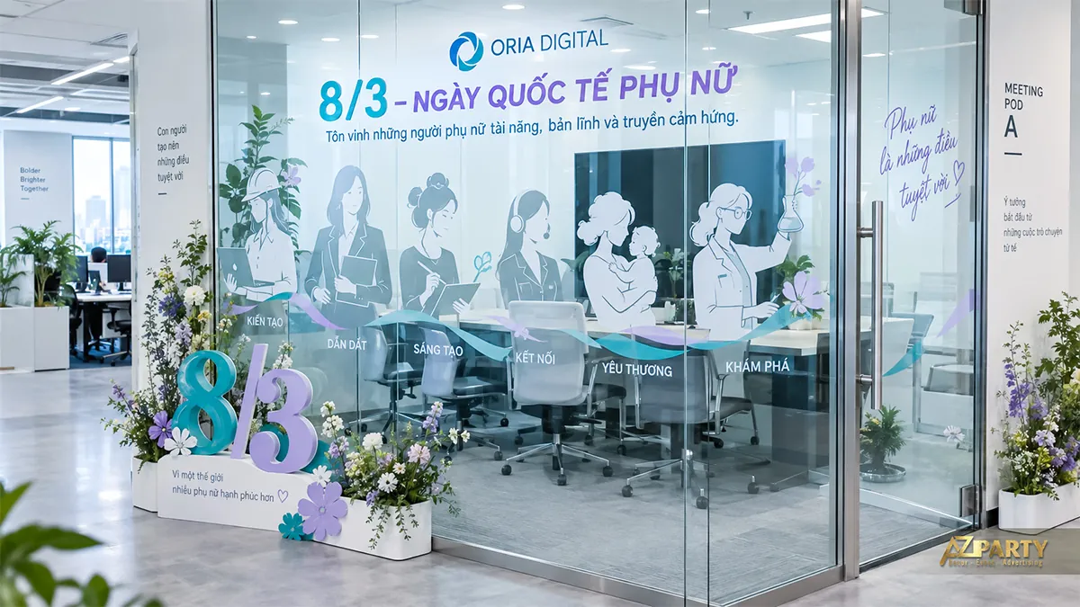 Vách kính phòng họp dán hình phụ nữ xanh tím, phía dưới đặt số 8/3 và hoa