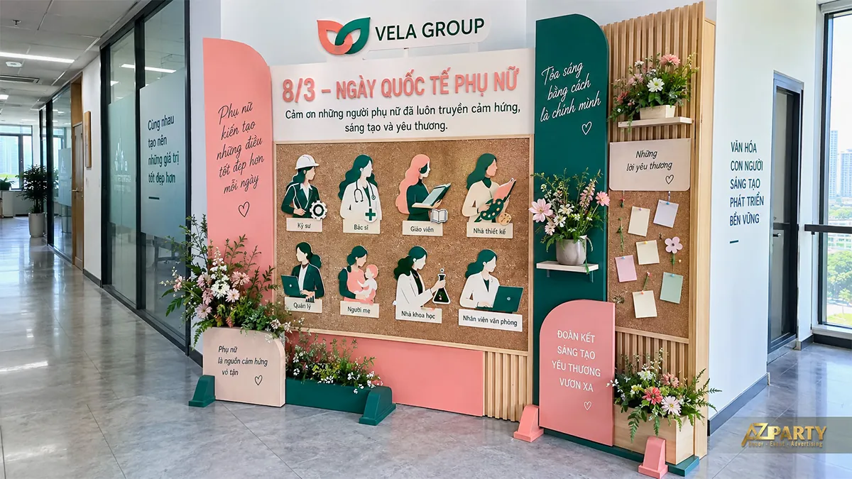 Bảng tri ân màu xanh hồng trên hành lang có hình nghề nghiệp và góc ghim lời chúc