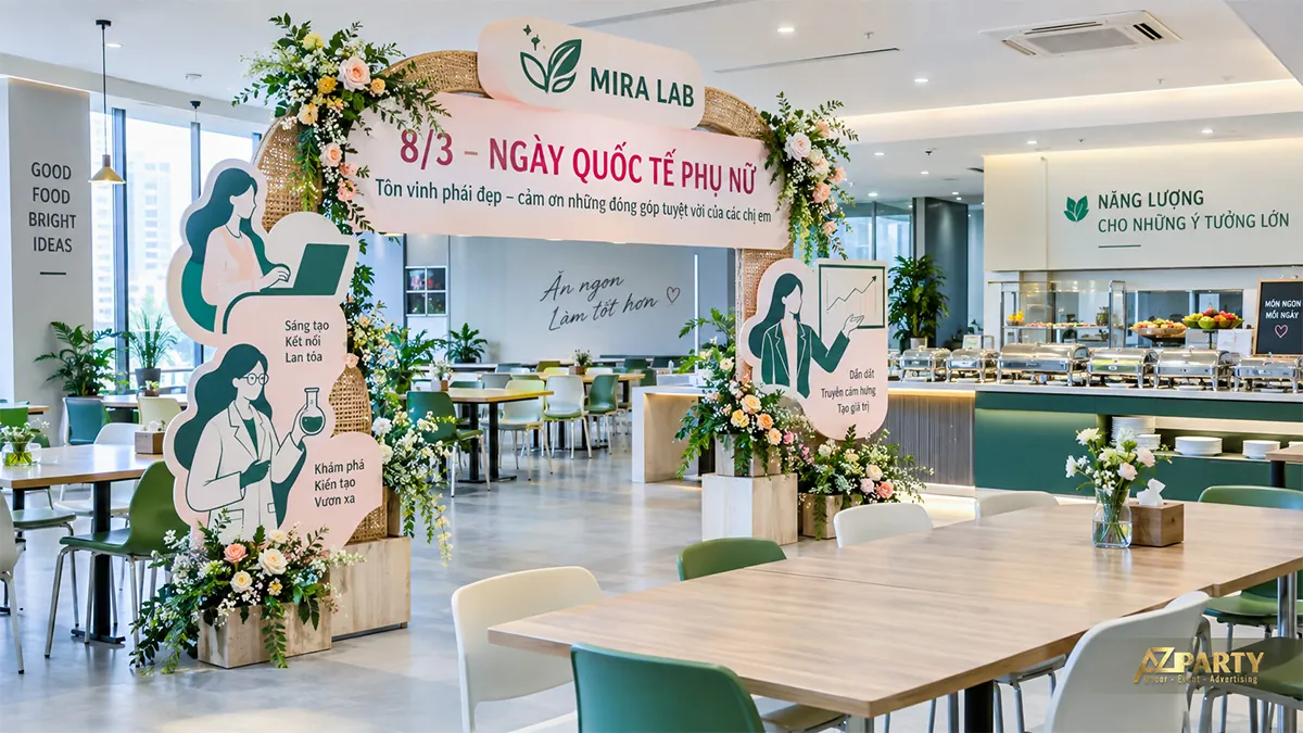 Cổng mây tre và hoa tại khu ăn trưa với hình nữ nhân viên và lời chúc 8/3