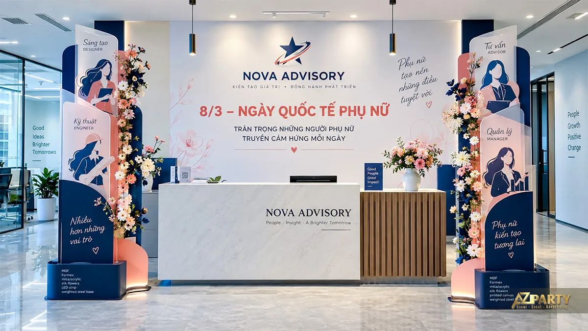 Quầy lễ tân trang trí hai cột hình nữ nhân viên xanh hồng cùng hoa màu cam