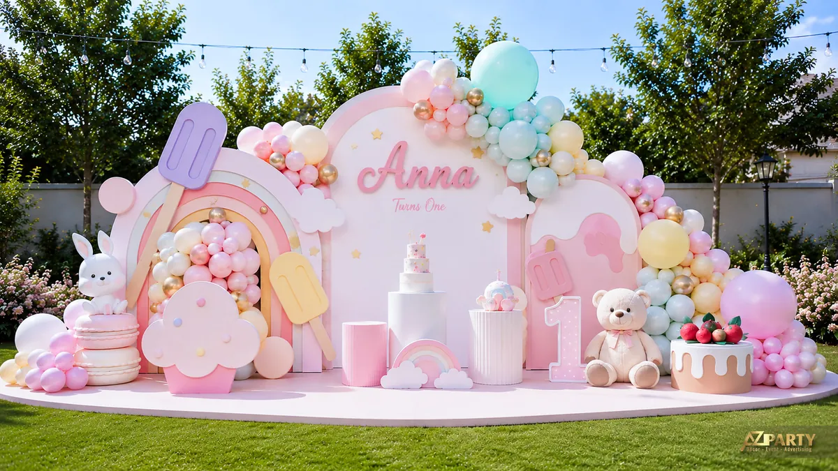 Sân khấu sinh nhật Anna 1 tuổi chủ đề kem ngọt với bóng pastel và cầu vồng