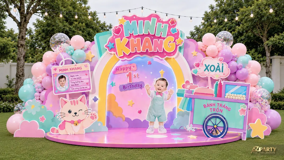 Sân khấu sinh nhật Minh Khang sắc màu với bóng pastel, mèo con và xe bánh tráng trộn