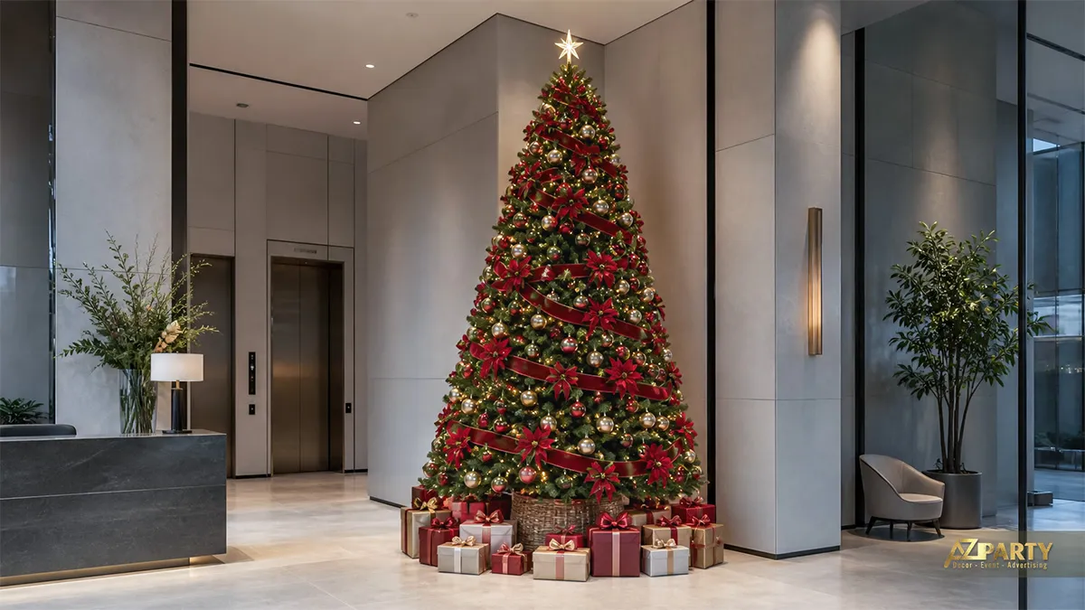 Cây thông Noel xanh trang trí nơ đỏ vàng, hoa, hộp quà trong sảnh văn phòng