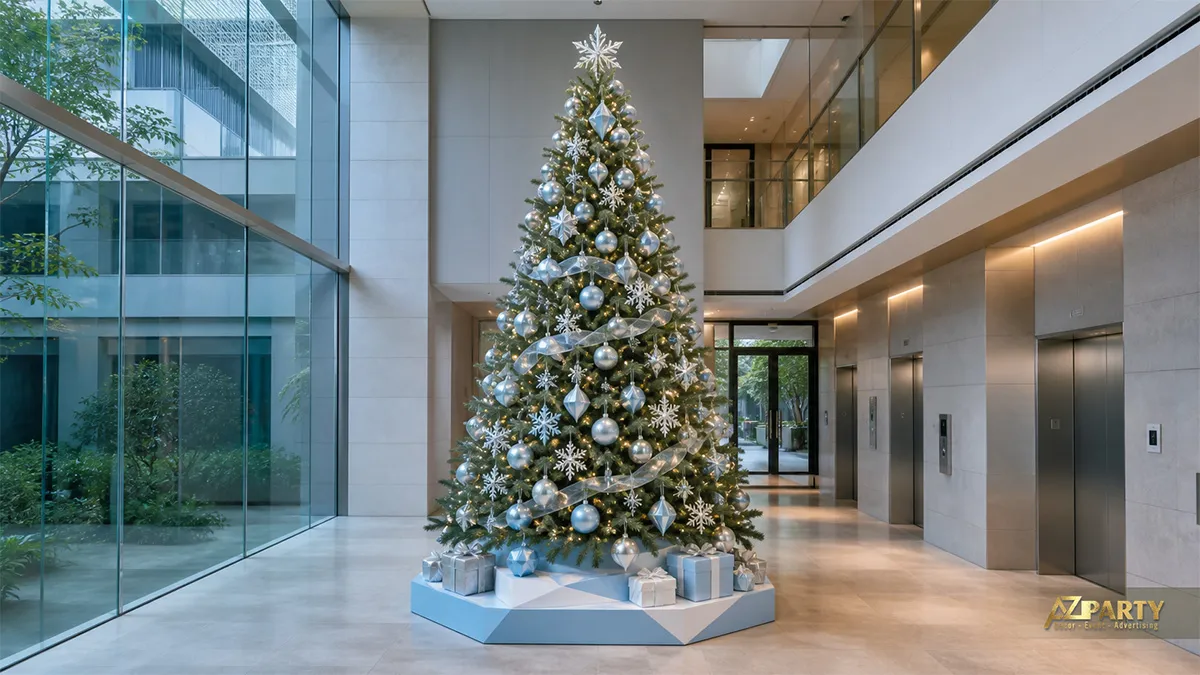 Cây thông Noel bạc xanh với bông tuyết và hộp quà xanh bạc trong atrium