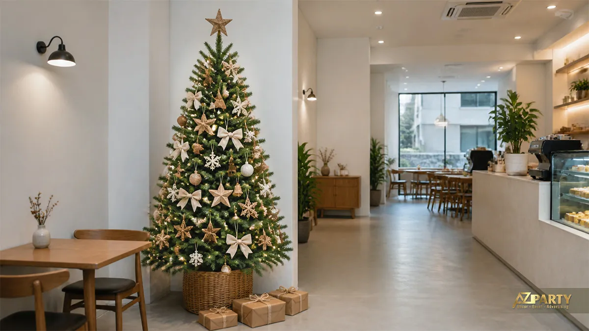 Cây thông Noel màu vàng trắng với nơ và ngôi sao trong quán cà phê