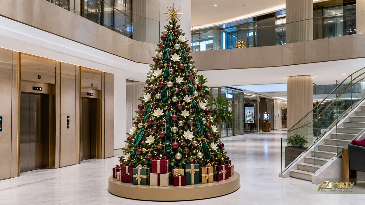 Cây thông Noel burgundy xanh vàng với hoa trắng và hộp quà trong sảnh