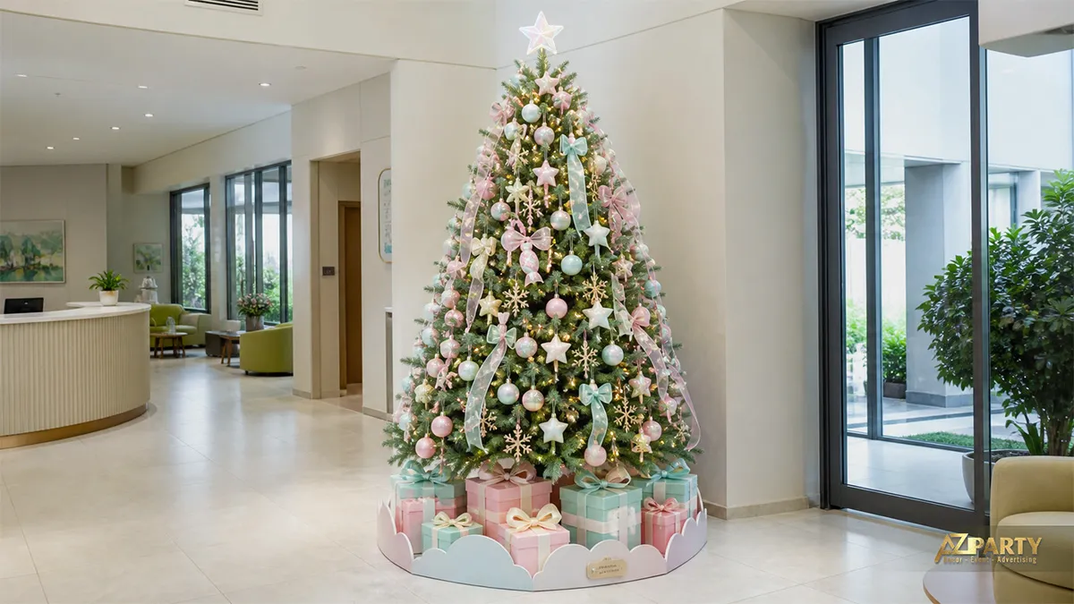Cây thông Noel pastel hồng mint tím với chân mây trắng và hộp quà