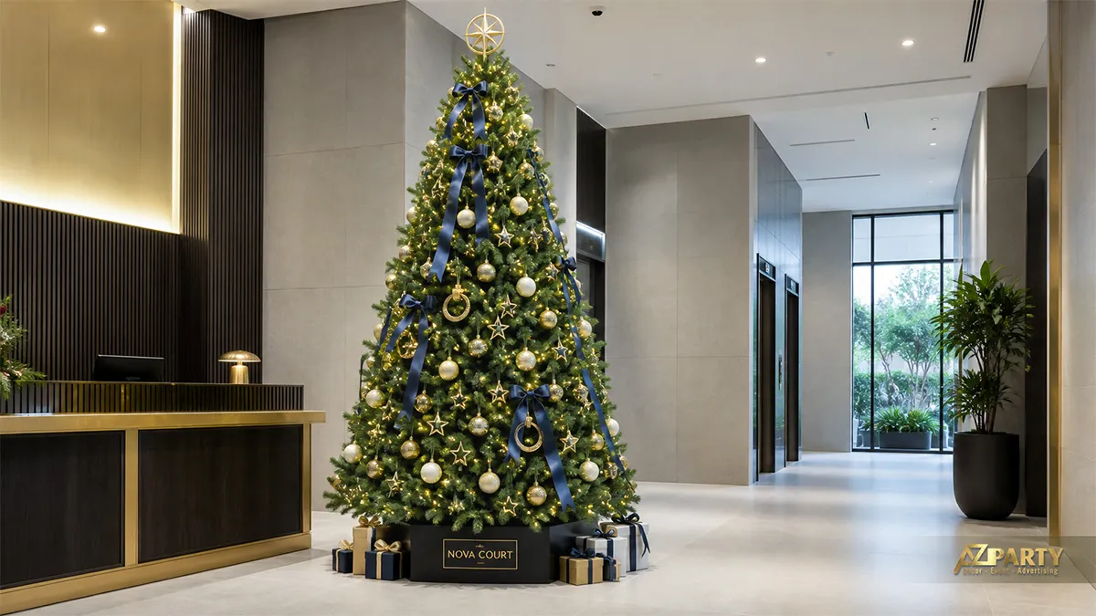 Cây thông Noel xanh navy có nơ xanh vàng, phụ kiện vàng và hộp quà trong sảnh