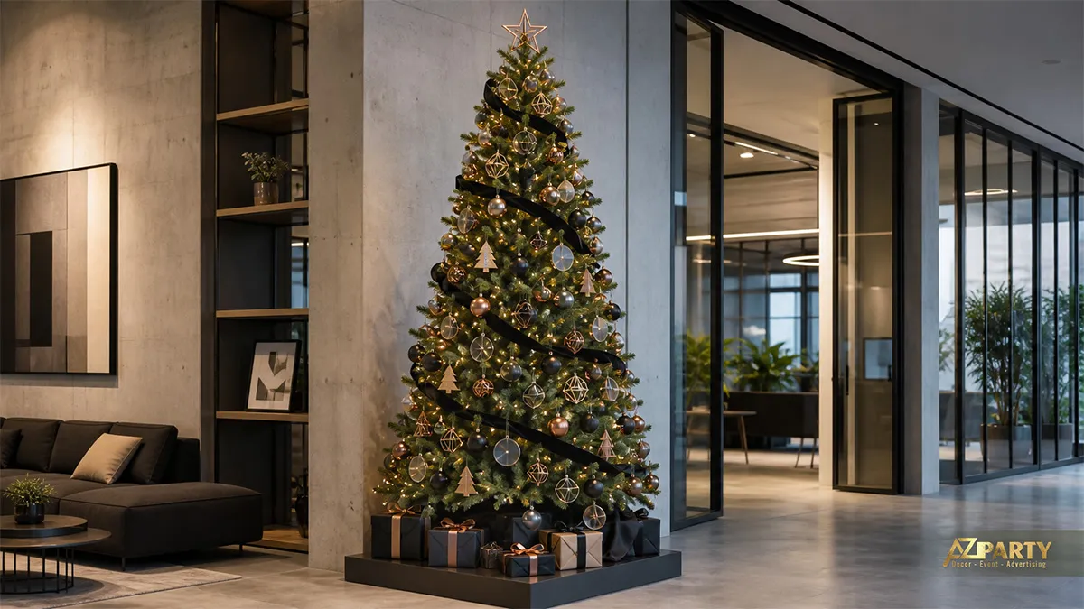 Cây thông Noel cách điệu đen vàng với đồ trang trí hình học trong khu lounge
