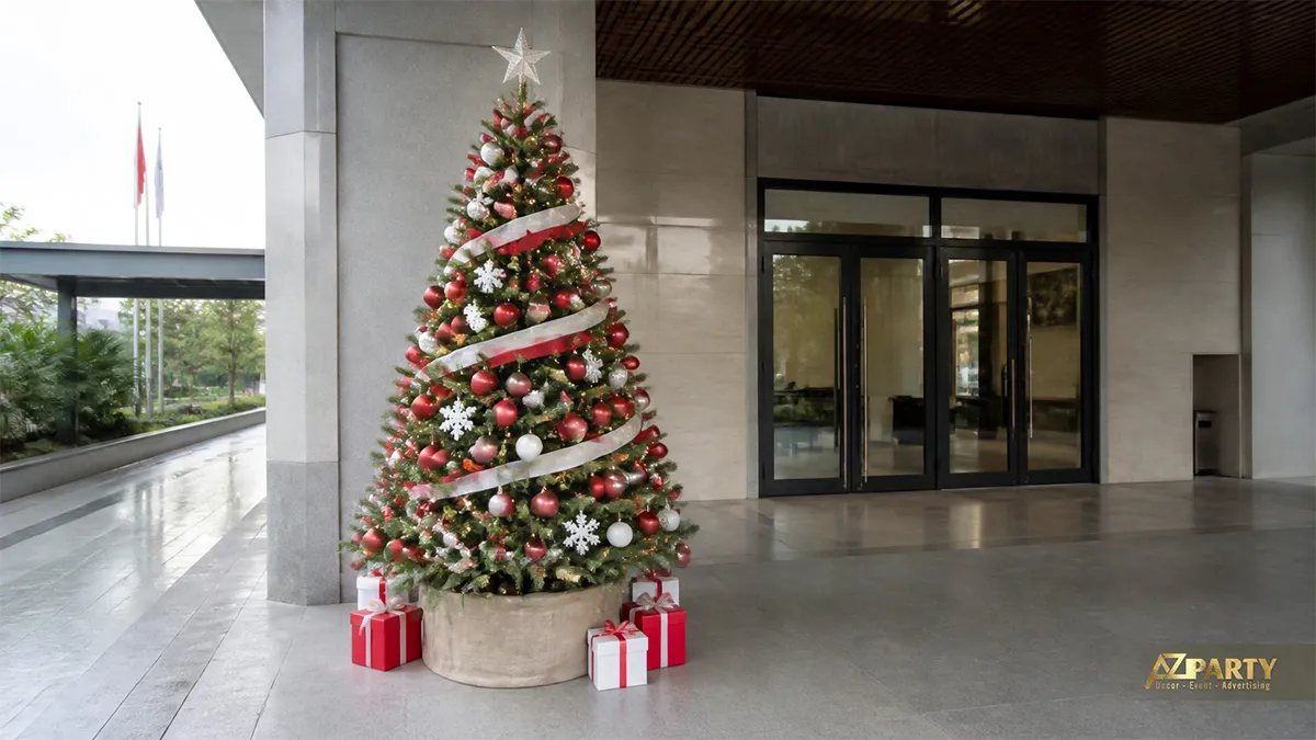 Cây thông Noel đỏ bạc với hộp quà đỏ trắng và bông tuyết tại lối vào