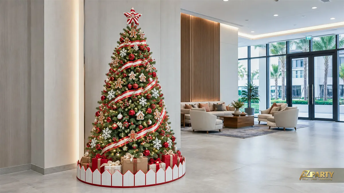 Cây thông Noel xanh đỏ trắng với phụ kiện bánh gừng và hàng rào trắng ở chân cây