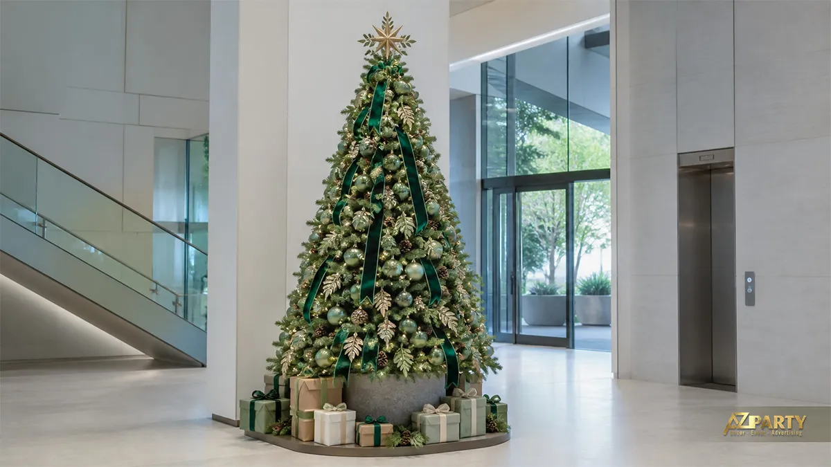 Cây thông Noel xanh vàng với dải ruy băng emerald trong sảnh văn phòng