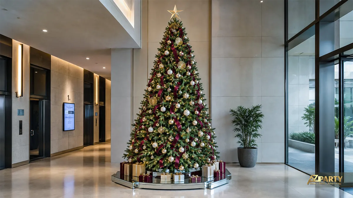 Cây thông Noel burgundy vàng trắng với nơ lớn và chân đế gương trong sảnh