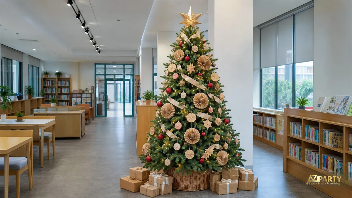Cây thông Noel bằng giấy kraft với quả đỏ, đế gỗ và hộp quà trong thư viện
