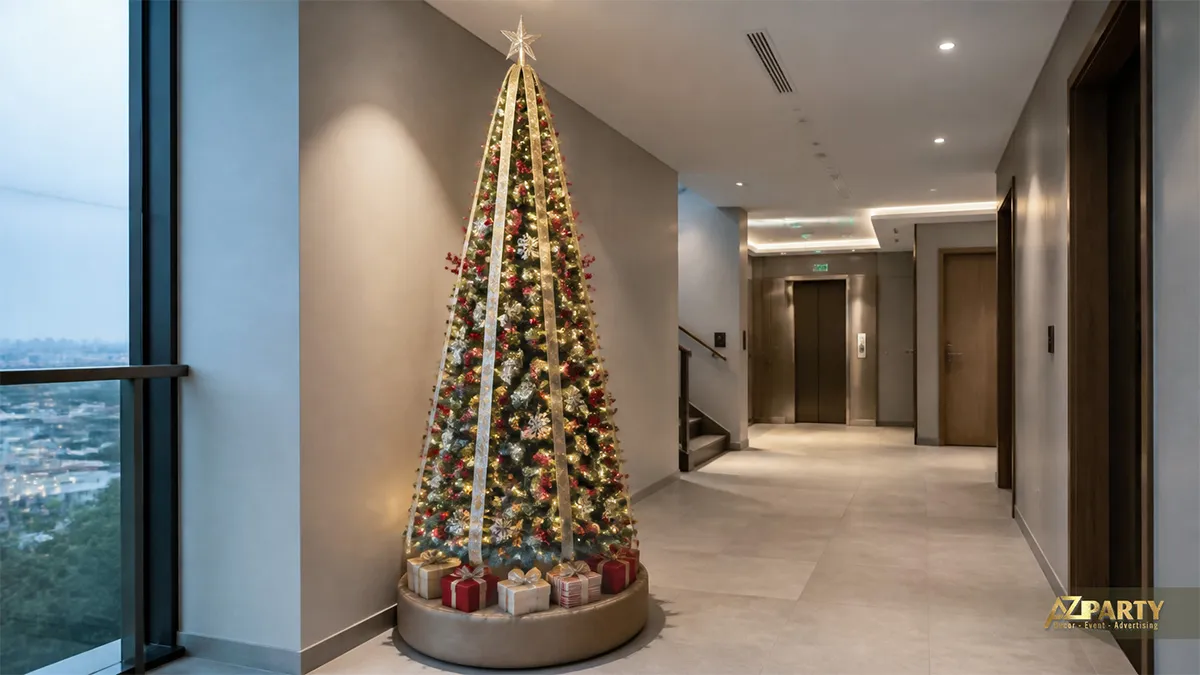 Cây thông Noel cao và mảnh với phụ kiện đỏ xanh vàng trong hành lang