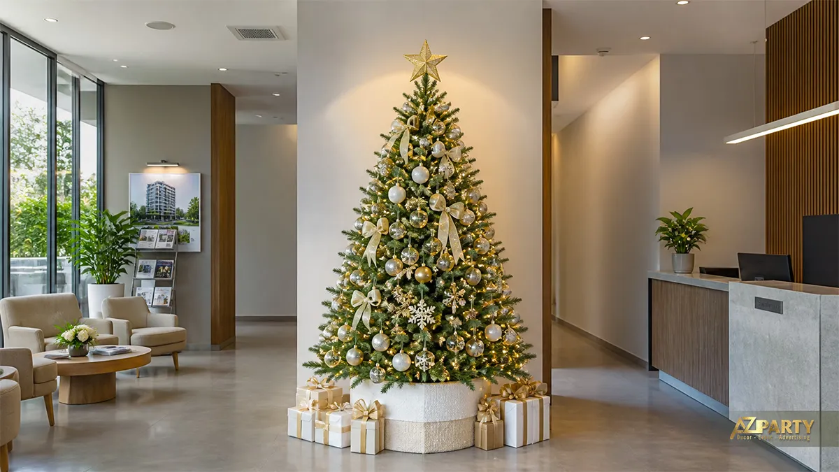 Cây thông Noel vàng trắng với quả châu và hộp quà trong quầy lễ tân