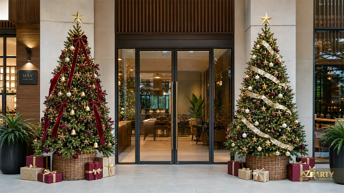 Hai cây thông Noel burgundy vàng đặt đối xứng tại lối vào nhà hàng MÂY