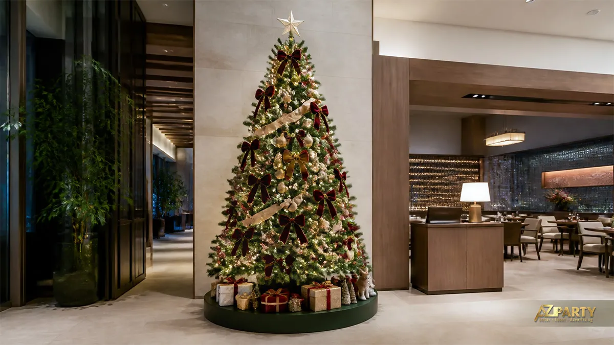 Cây thông Noel xanh với nơ burgundy và hộp quà vàng trong sảnh nhà hàng