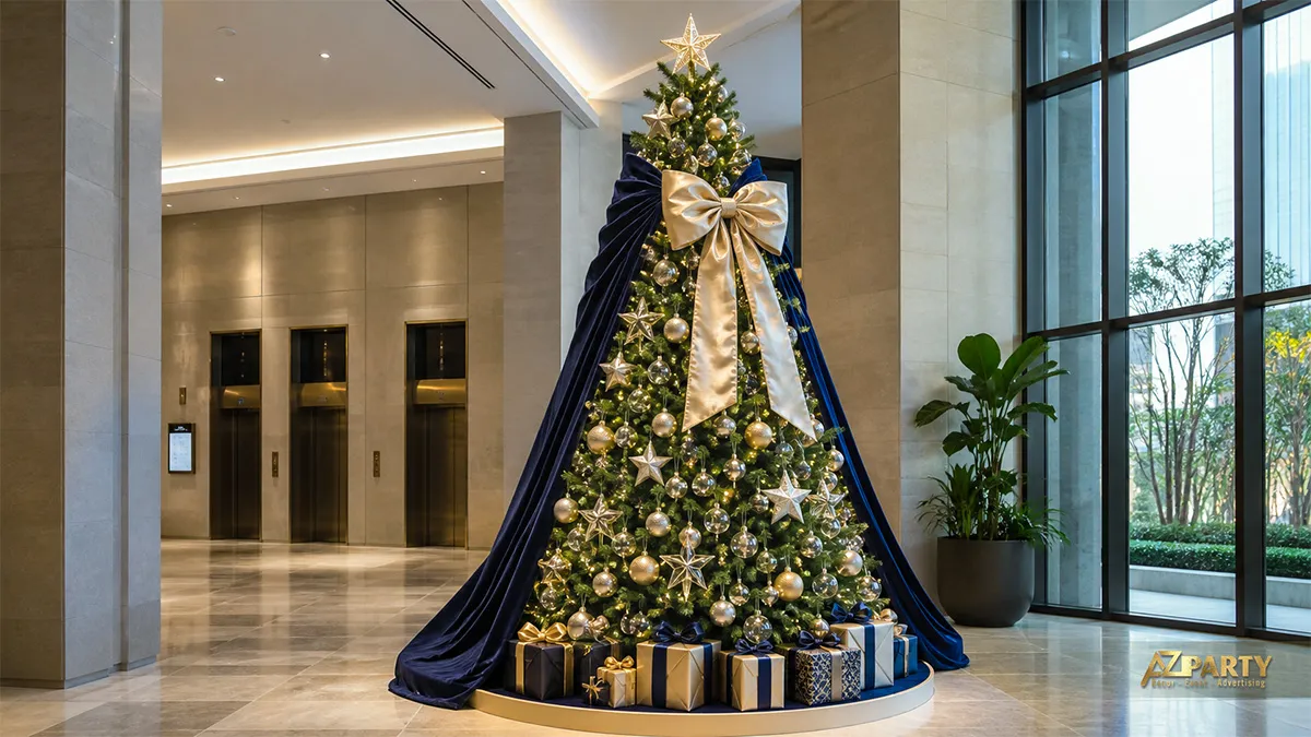 Cây thông Noel xanh vàng có ngôi sao đỉnh cây, nơ lớn và hộp quà cạnh thang máy