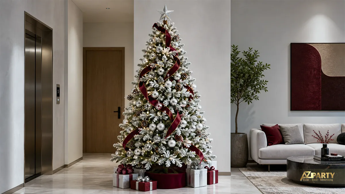 Cây thông Noel phủ tuyết với ruy băng burgundy, quả châu bạc và hộp quà trong phòng khách