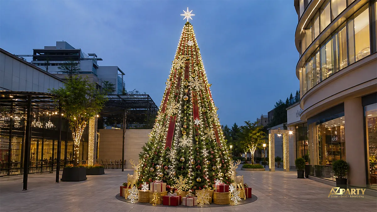 Cây thông Noel ngoài trời cao với đèn vàng, nơ burgundy, tuần lộc và hộp quà