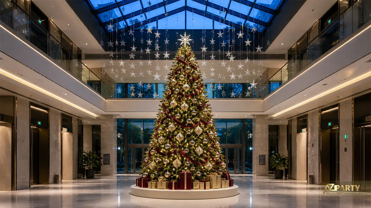 Cây thông Noel trong sảnh kính với dây sao treo, ruy băng burgundy và hộp quà