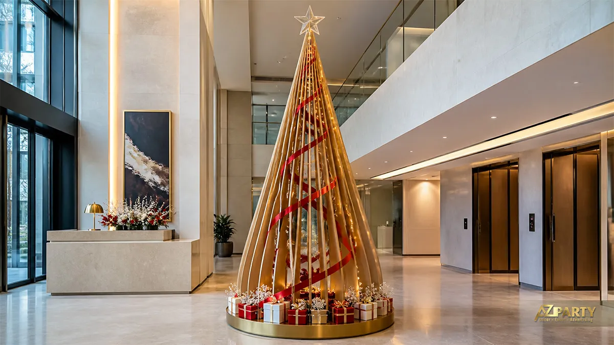 Cây thông Noel khung gỗ vàng với dải đỏ và hộp quà tại sảnh hiện đại