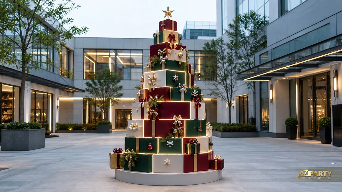 Cây thông Noel xếp tầng bằng các hộp quà đỏ xanh trắng trong sân khu đô thị