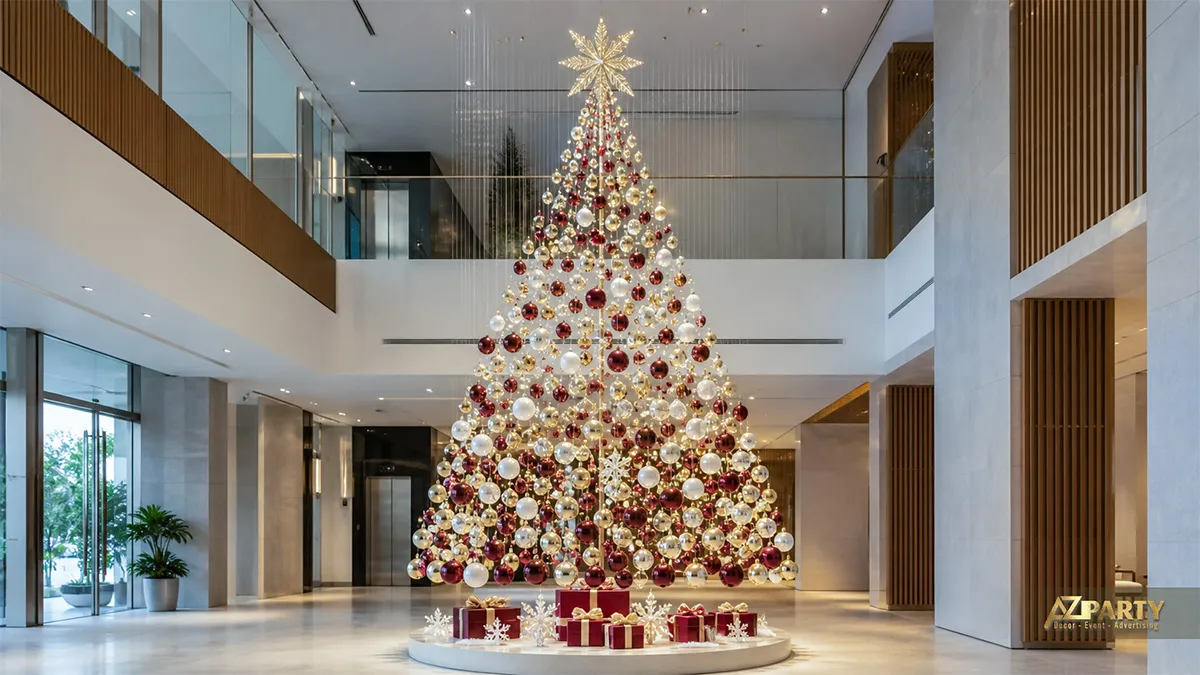 Cây thông Noel phủ quả châu đỏ trắng vàng trong sảnh cao tầng