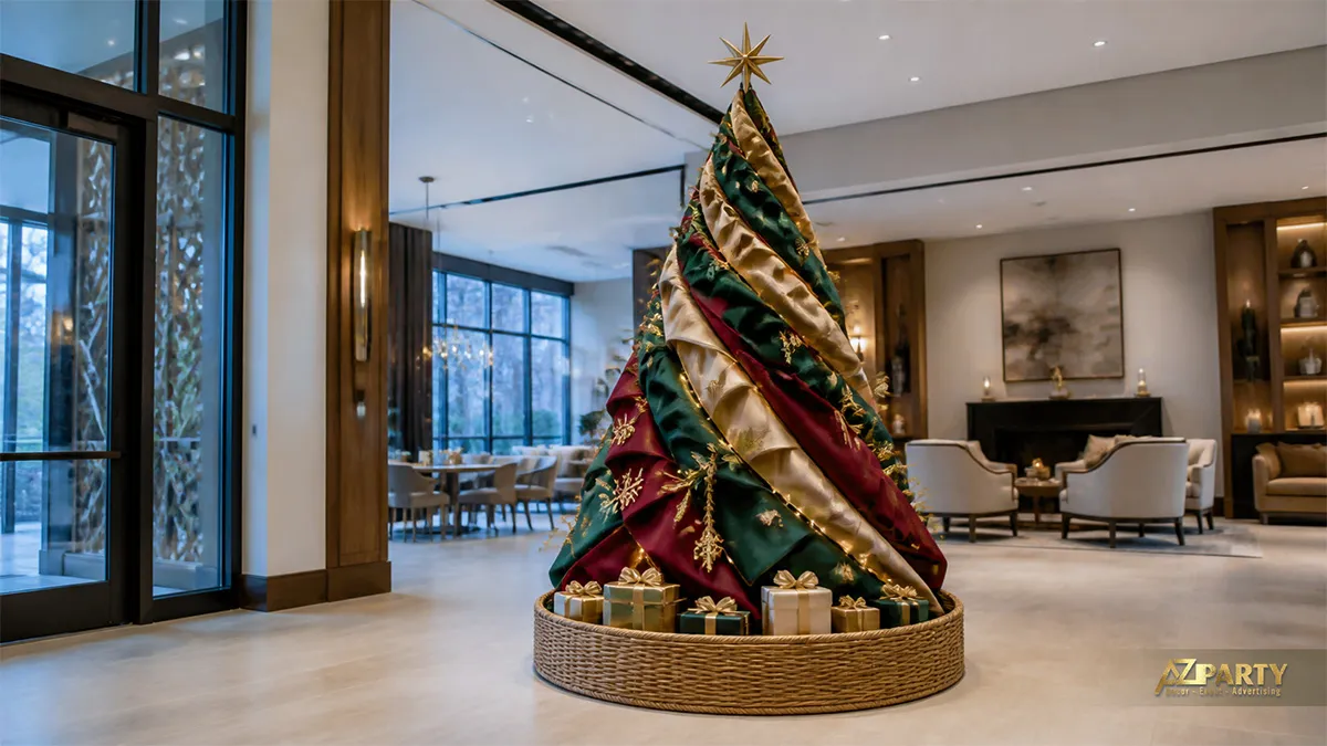 Cây thông Noel phủ vải xanh đỏ vàng với ngôi sao vàng và giỏ mây
