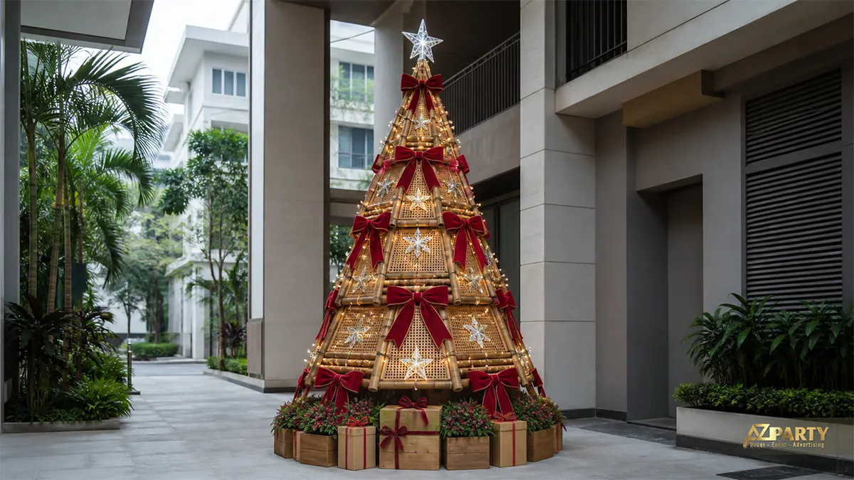 Cây thông Noel khung mây tre với nơ đỏ, đèn sao và hộp quà ngoài trời khu dân cư