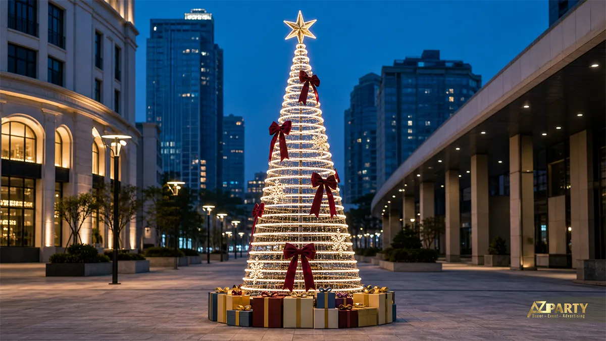 Cây thông Noel dạng vòng đèn hình nón với nơ đỏ tại quảng trường buổi tối