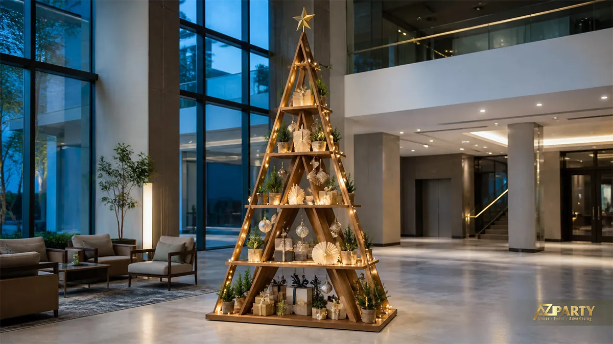 Cây thông Noel khung gỗ hình tam giác với đèn vàng, cây xanh và quà trong sảnh