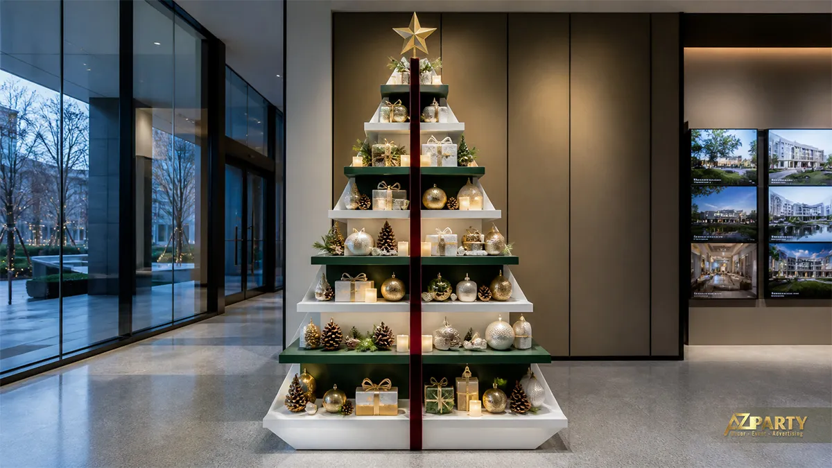 Cây thông Noel dạng kệ bậc xanh trắng với quả châu, nến và hộp quà trong sảnh