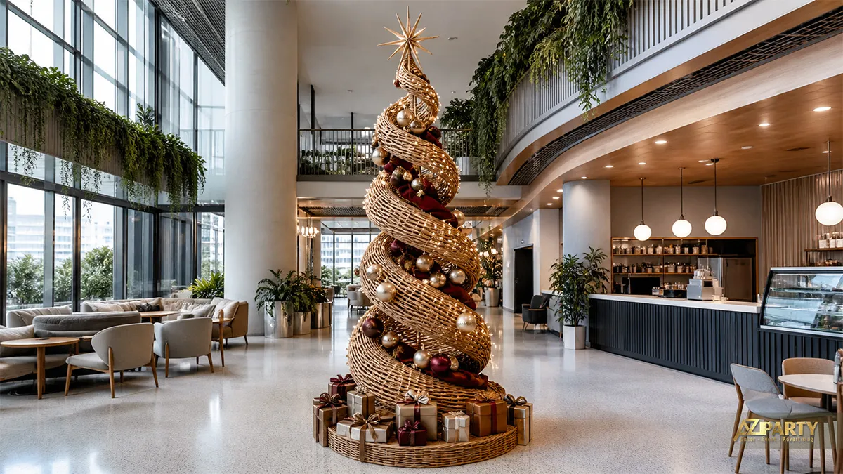 Cây thông Noel dạng xoắn bằng mây với quả châu vàng, nơ đỏ và hộp quà trong quán cà phê