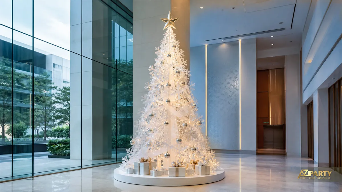 Cây thông Noel trắng phát sáng với quả châu bạc, nơ trắng và hộp quà trong sảnh kính