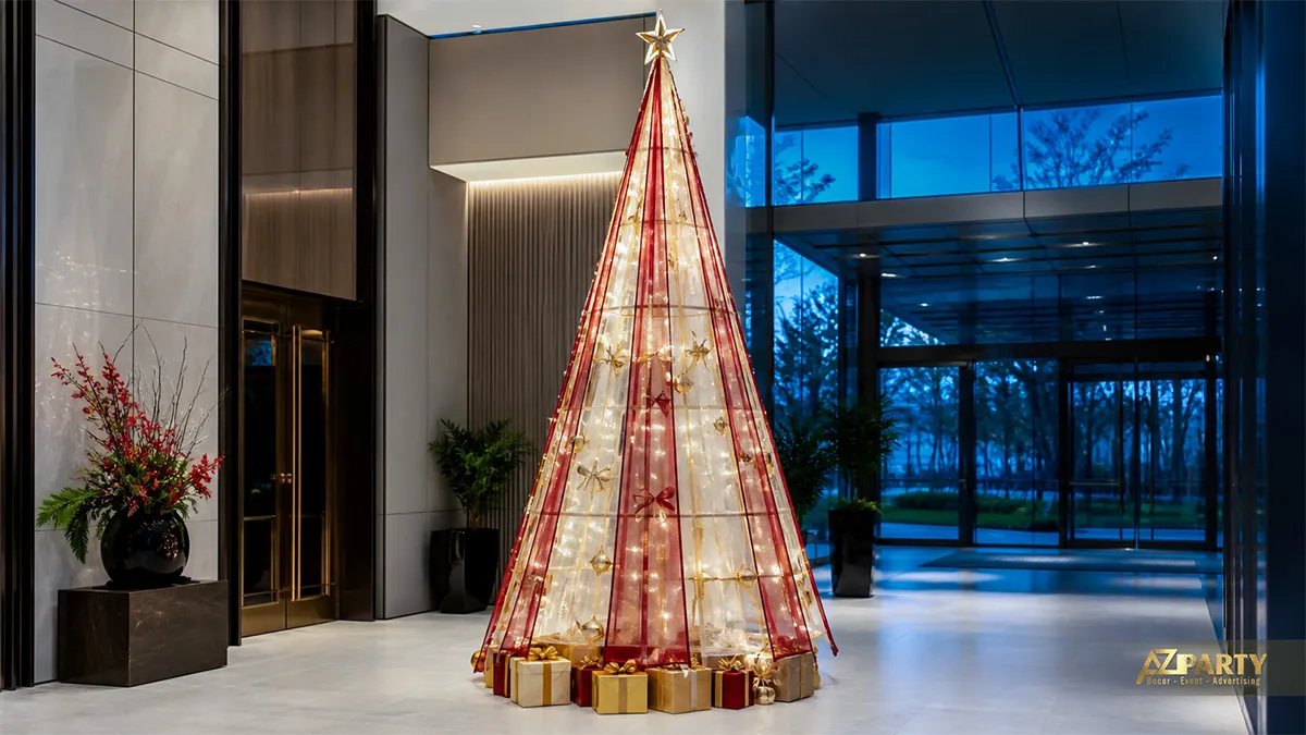 Cây thông Noel khung đỏ trong suốt với nơ, ngôi sao, đèn và hộp quà