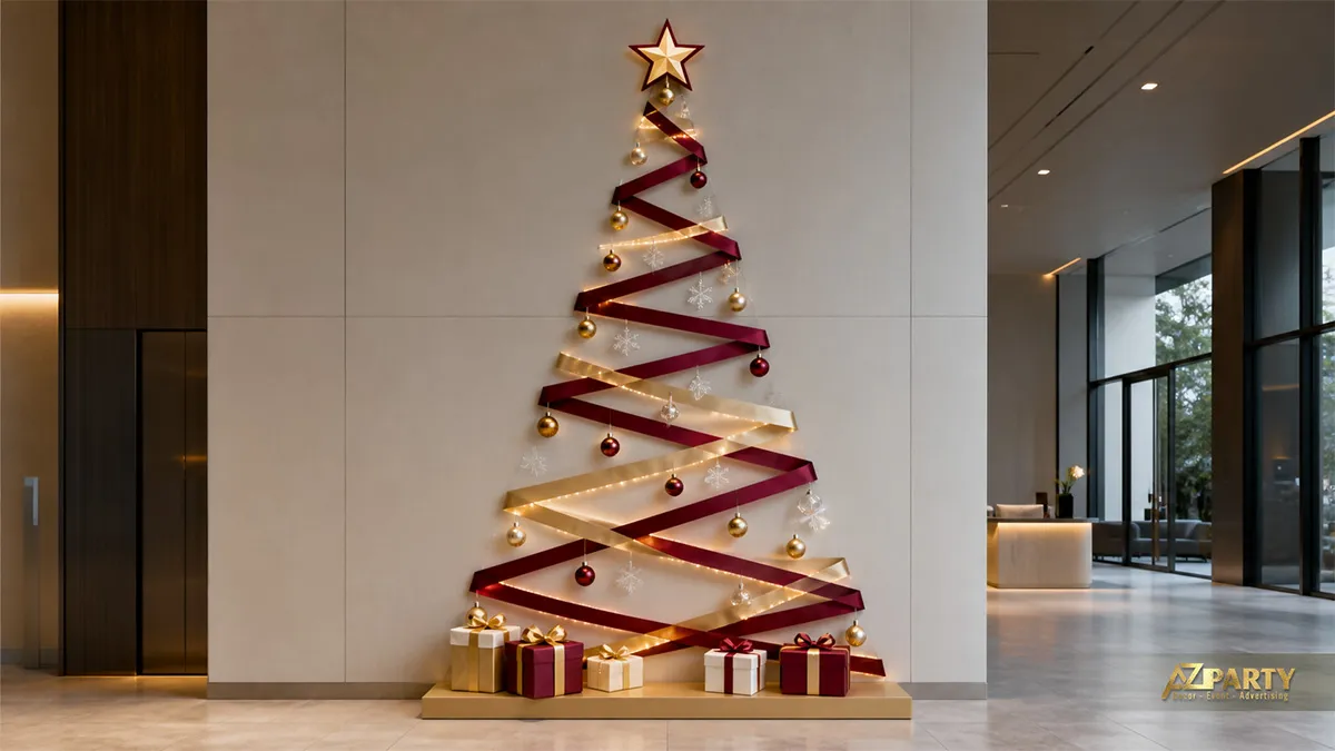 Cây thông Noel gắn ruy băng burgundy và vàng trên tường, có quả châu và hộp quà