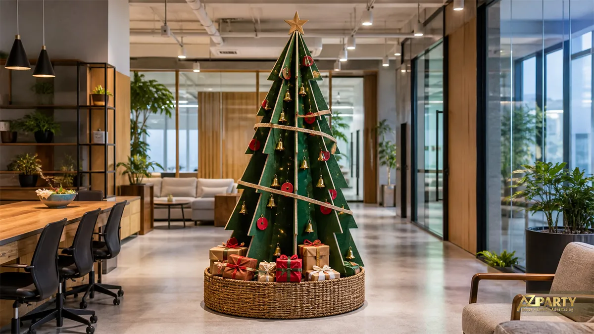 Cây thông Noel xanh hình học với chuông vàng, ruy băng và chân giỏ mây trong văn phòng