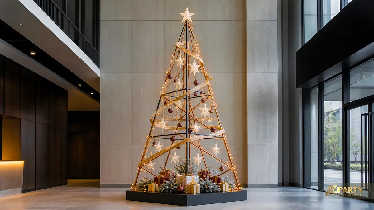 Cây thông Noel khung mở với đèn vàng, sao trắng, quả đỏ và hộp quà trên bệ đen
