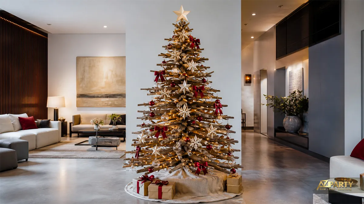 Cây thông Noel từ các cành gỗ ngang với nơ đỏ, hoa sao trắng và hộp quà trong phòng khách