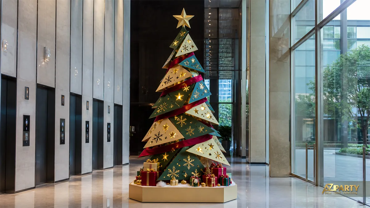 Cây thông Noel cách điệu xanh vàng đỏ với các mảng tam giác, sao và hộp quà trong sảnh